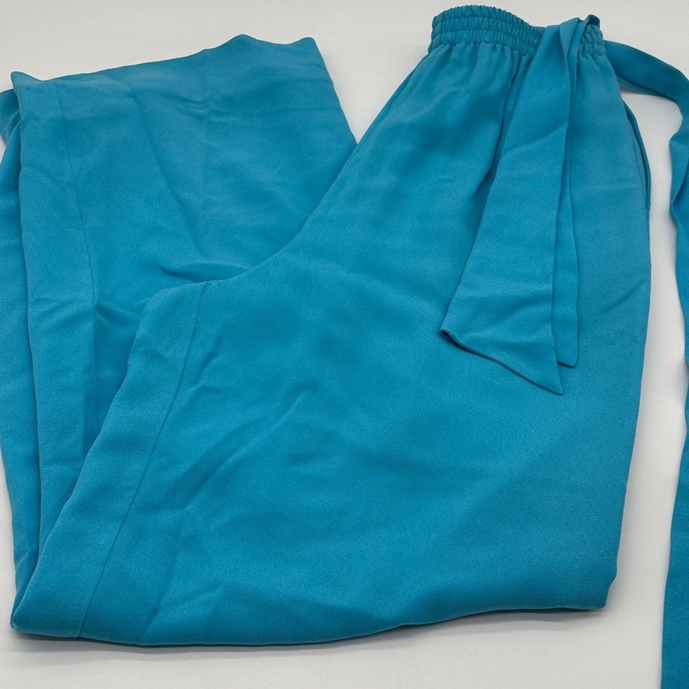 Peter Nygard Womens 100% Silk Wide Leg Trousers Turquoise Blue Belted Size 4